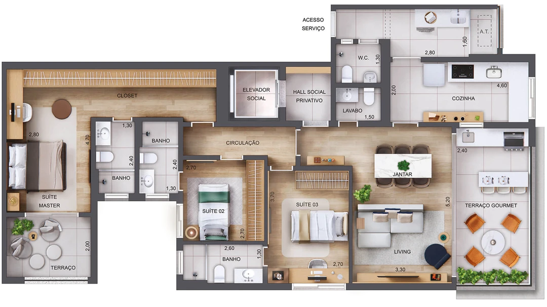 126m² - 3 Suítes - 5° ao 20° Pavto