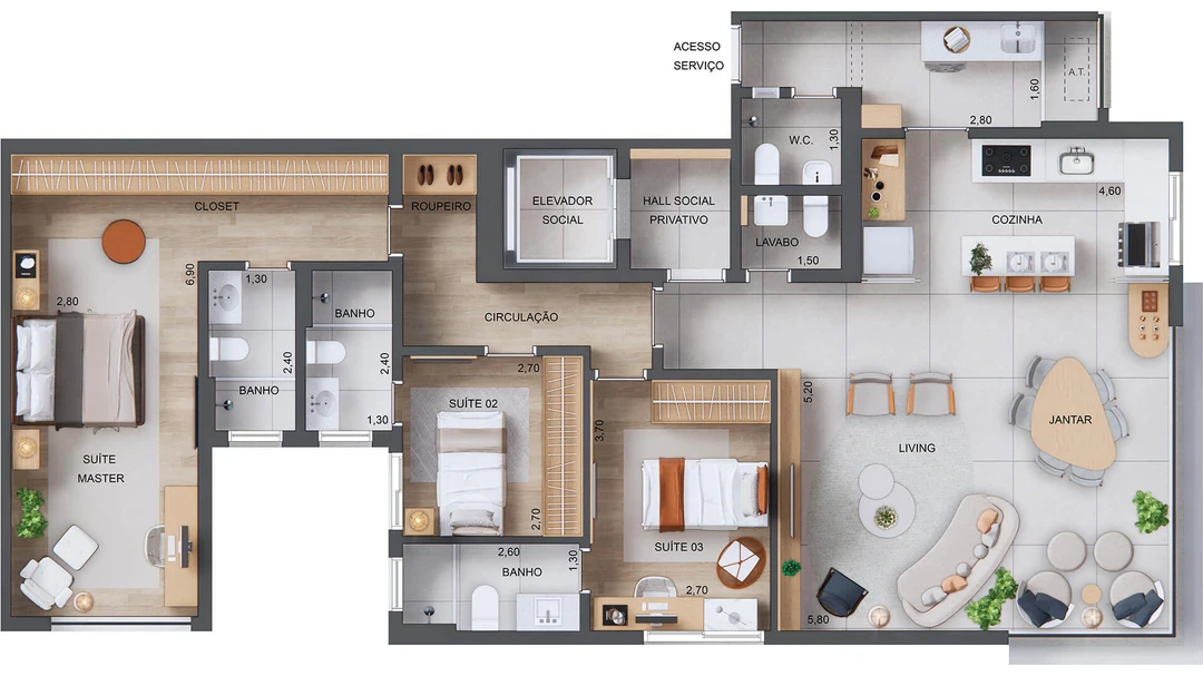 126m² - 3 Suítes - Living, terraço e cozinha integrados - 5° ao 20° Pavto