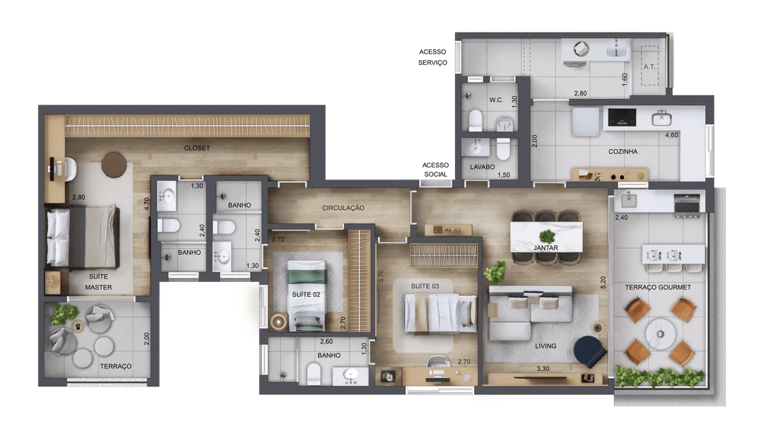 126m² - 3 Suítes. 1° ao 4° Pavto