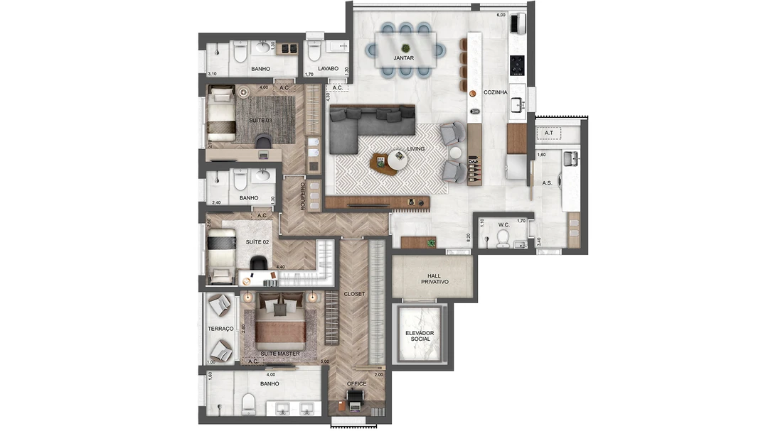 142m² - 3 suítes - Living ampliado