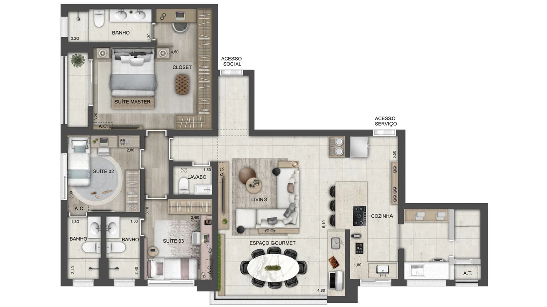 122m² - 3 Suítes - Living, cozinha e terraço integrados