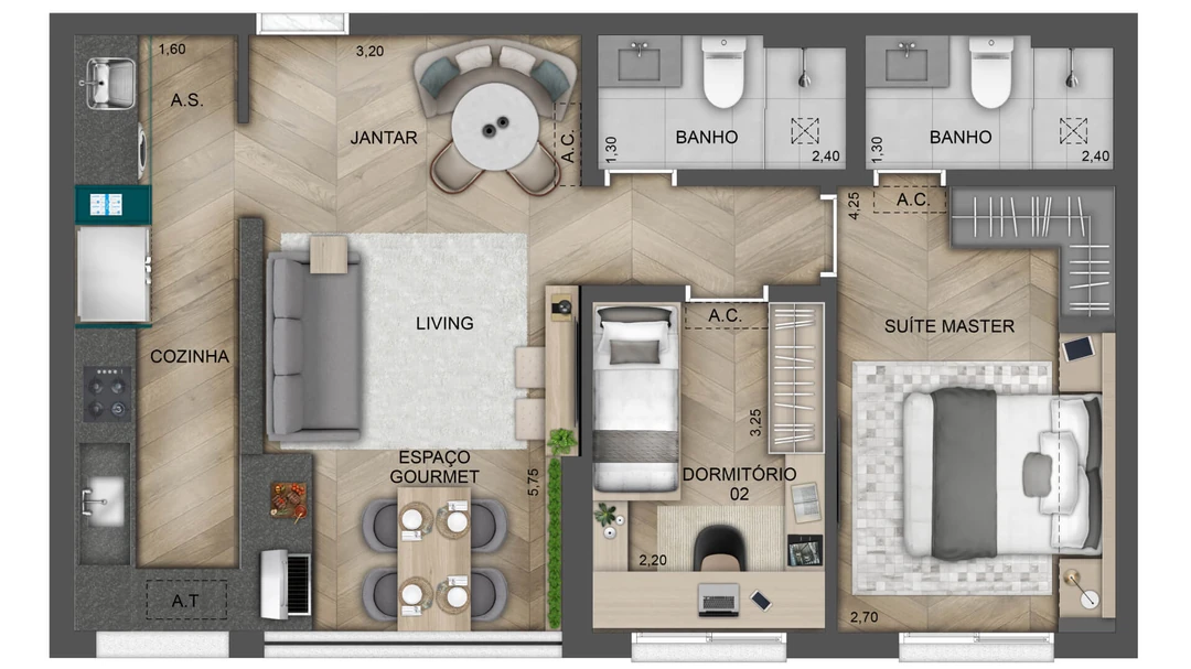 65m² - 2 Dormitórios - 1 Suíte - Living e Cozinha Integrados