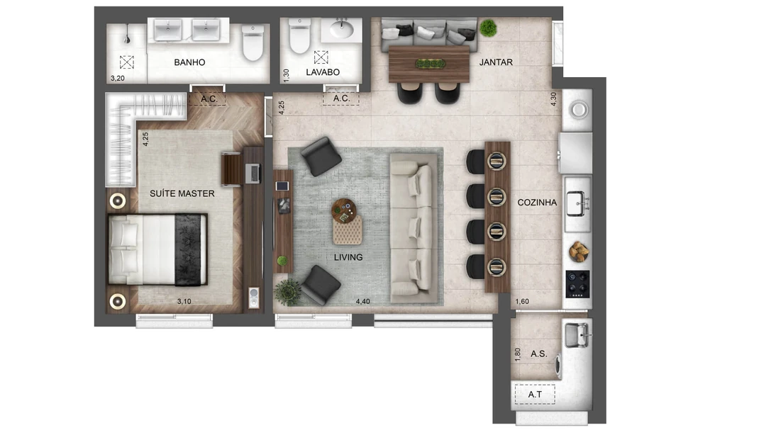 65m² - 1 Suíte - Suítes Master Ampliada - Living e Cozinha Integrados