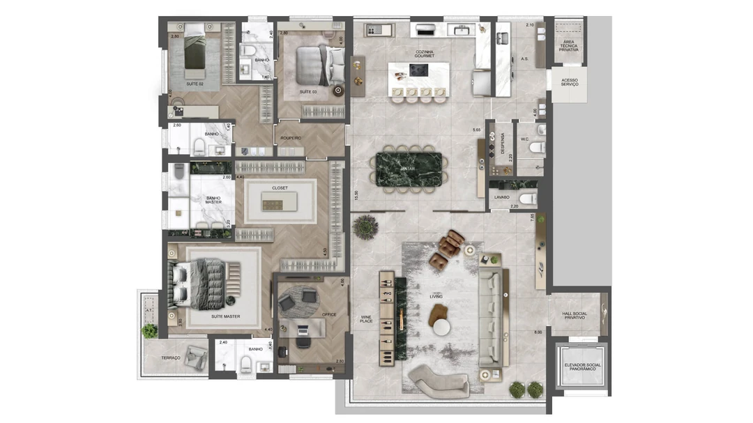 258m² - 4 Suítes - Suíte master ampliada + Office + Cozinha gourmet, living e terraço integrados