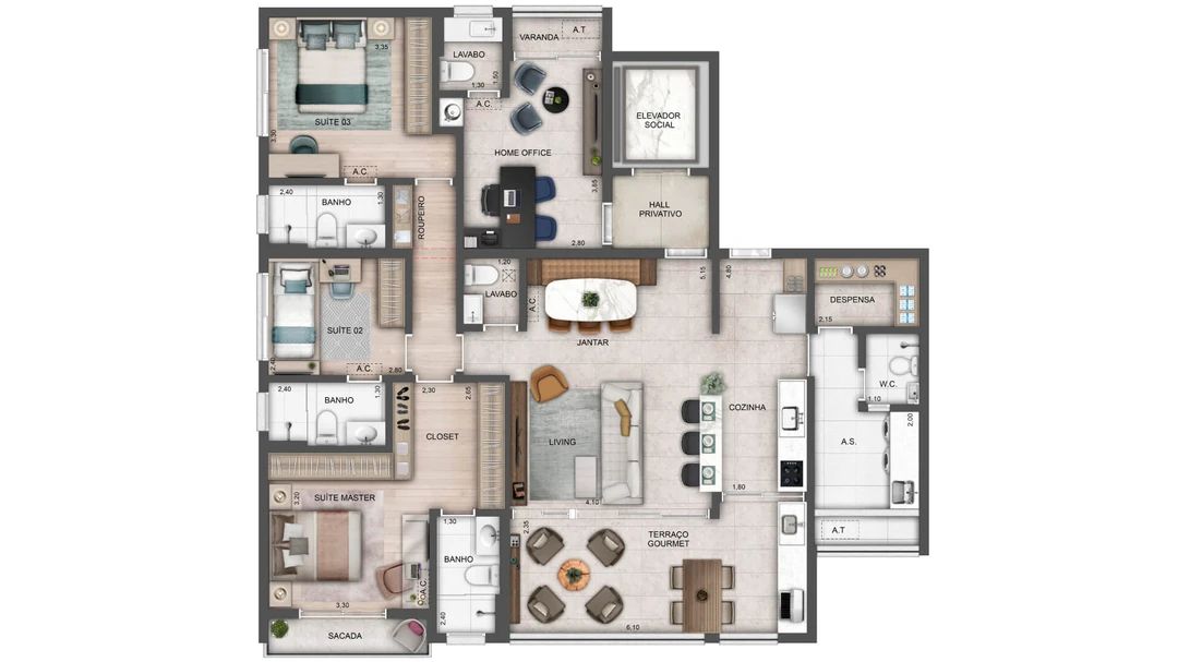 142m² - 3 Suítes - Home Office