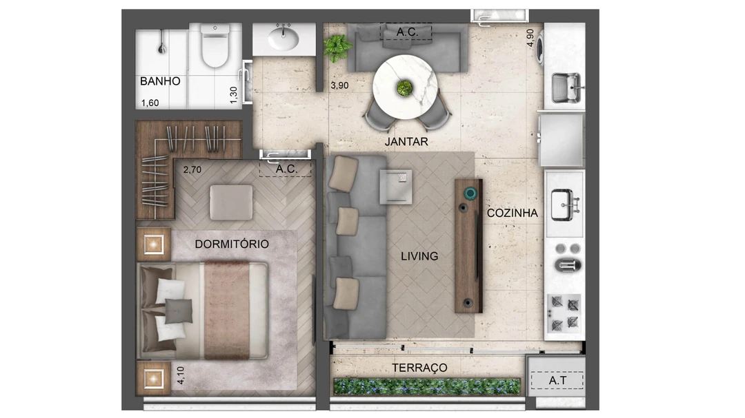 41m² - 1 Dormitório - Living Ampliado
